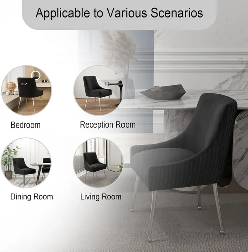 Vista 8 de Sillas de comedor de estilo moderno de terciopelo tapizado, silla de acento de tocador con barra vertical, silla capitonada con patas plateadas