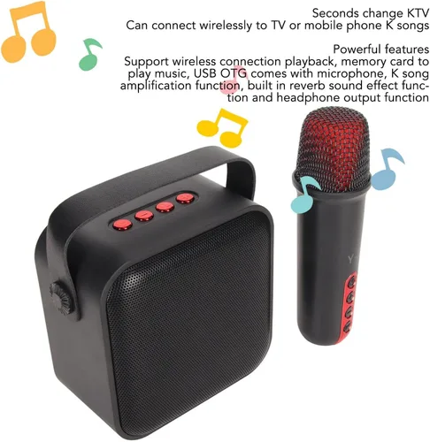 Vista 2 de Juego de mini máquina de karaoke con altavoz, micrófono inalámbrico, gran campo de sonido, chip profesional, múltiples conexiones, batería de larga