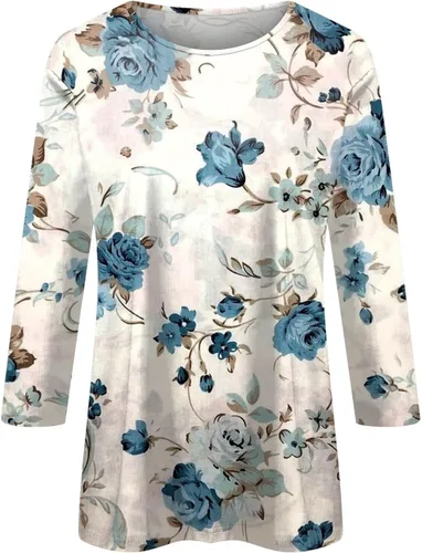 Vista 3 de Camisas para mujer, estilo casual, cuello redondo, manga tres cuartos, impresa, para mujer