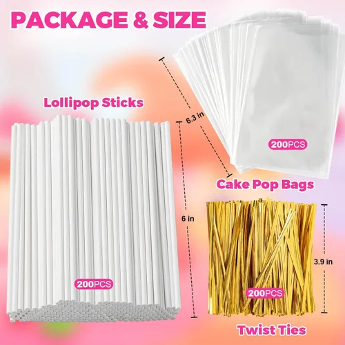 Vista 2 de 300 piezas de palitos para pastel pop y envolturas, palitos para pastel pop de 15 cm con lazos para caramelos, chocolates, galletas y dulces