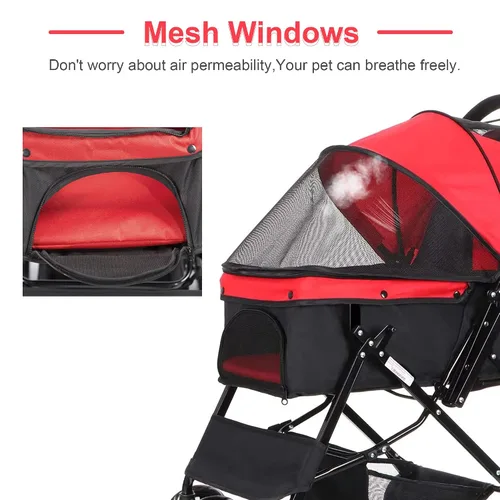 Vista 3 de Cochecito para perros con cuatro ruedas, carrito plegable para mascotas para perros pequeños y medianos y gatos con cubierta climática y cesta