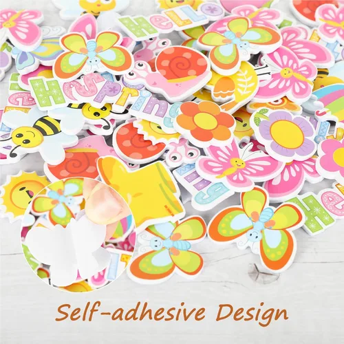 Vista 3 de Whaline 360 calcomanías de espuma de primavera, diseño de flores de dibujos animados, mariposa, abeja, 20 diseños, Hello Spring, autoadhesivas
