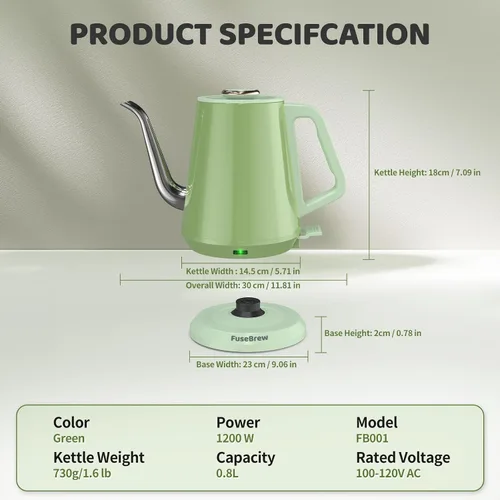Vista 7 de Hervidor Eléctrico de Cuello de Cisne (0.8L), 1200 Vatios Ebullición Rápida, Acero Inoxidable Libre de BPA, Apagado Automático, Hervidor para Verter
