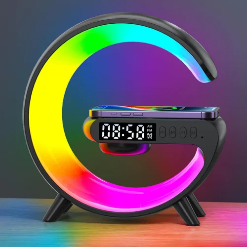 Vista 7 de LeeNabao Nuevo cargador de altavoz inalámbrico, luz de ambiente con función de carga inalámbrica, lámpara de mesa, lámpara de noche con reloj