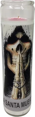Vista 9 de Santa Muerte 14 oz Vaso Grande UNA pieza Vela de oración de una pieza 14 oz de alto vidrio oración al reverso en español Blanca sin Aroma