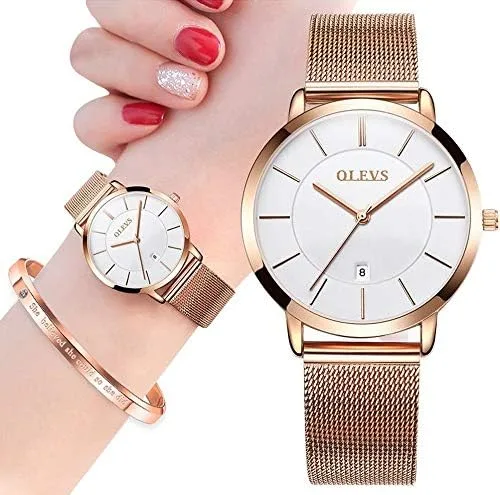 Vista 2 de OLEVS Reloj de regalo para mujer con pulsera de oro rosa para mujer minimalista simple delgado casual analógico de cuarzo impermeable dos tonos