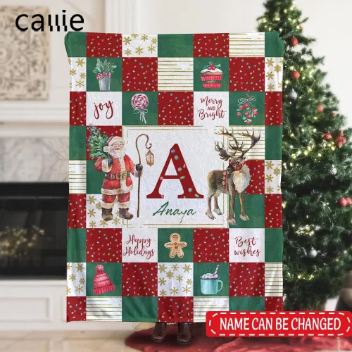 Vista 2 de callie Manta de Navidad Personalizada para Niños y Adultos, Manta Decorativa de Franela/Sherpa Suave y Acogedora con Nombre e Inicial Personalizada