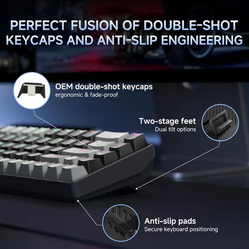 Vista 8 de DIERYA Teclado mecánico inalámbrico DK68 60% para juegos, 3 modos Bluetooth2.4GUSB-C con interruptor azul clicky, retroiluminación RGB