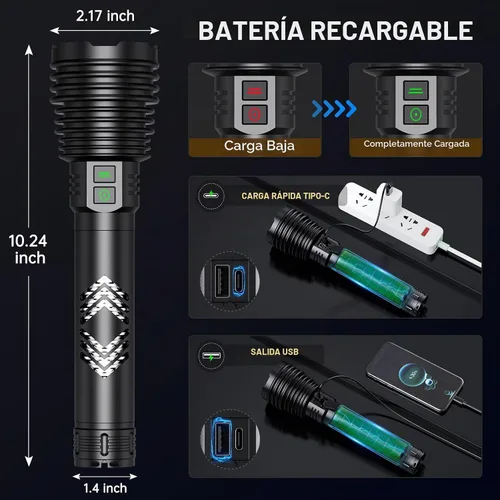 Vista 3 de Linternas recargables 6000.000 de alto lúmenes, linterna LED súper brillante con mango largo, batería de gran capacidad, ampliable y 6 modos