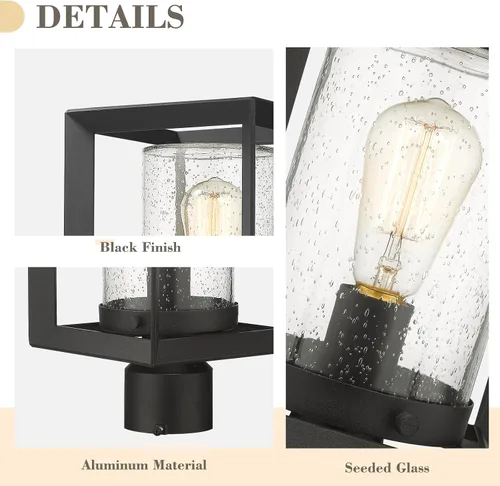 Vista 3 de Emliviar Luces de Poste Accesorio para Exteriores, Farol de Poste de 1 Luz, Acabado Negro, Vidrio Granulado, 2083P BK