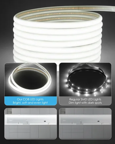 Vista 4 de Aclorol Tira de luces LED COB de 5 V, 10 pies, 960 LED, regulables, impermeables, con autoadhesivas, para gabinete de cocina, baño, espejo, tocador