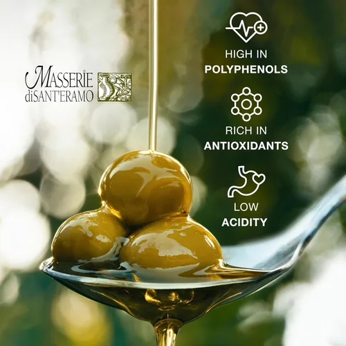 Vista 3 de MASSERIE DI SANTERAMO Aceite de oliva virgen extra sabroso, 8.5 FZ Cold-pressed extra virgin olive oil from Coratina olives. Robust, fruity flavor