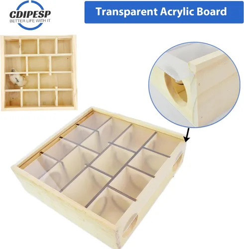 Vista 5 de Laberinto de madera para hámster con cubierta acrílica transparente, multicámara, escondite de hámster, juguetes de hámster, laberinto de jerbos
