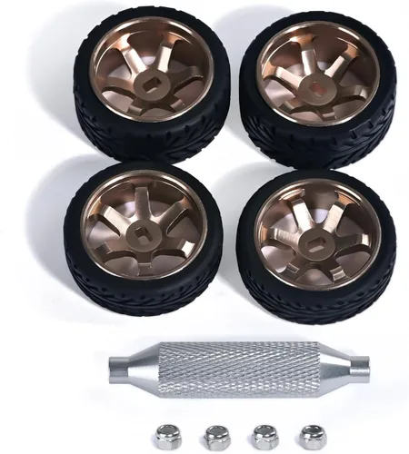Vista 8 de Llantas de rueda de 6 radios y neumáticos de deriva de coche RC para 1/28 RC Hobby modelo, [2 estrechos+2 anchos] 4 llantas de aleación de aluminio