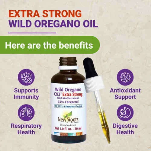 Vista 2 de NEW ROOTS HERBAL Gotas de aceite de orégano silvestre Extra fuerte con 93% de carvacrol (1 onza líquida) 547 porciones, aceite de concentración