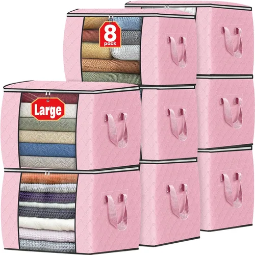 Vista 12 de Fab totes Paquete de 3 bolsas de almacenamiento plegables de tela gruesa, contenedores para organizar dormitorio, armario, ropa, edredón, Beige