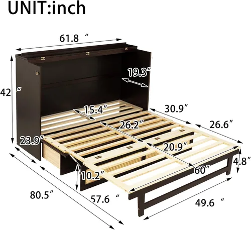 Vista 2 de Cama Murphy de tamaño queen, cama de madera de pino con decoración y cajón de ratán, color espresso