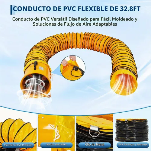 Vista 5 de Ventilador de aire de 12 pulgadas, ventilador de escape industrial resistente de 3500 CFM con conducto flexible de 32.8 pies, ventilador de escape