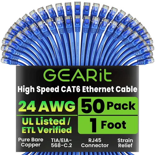 Vista 13 de GEARit Paquete de 50 cables Ethernet Cat6 de 0.5 pies Cable de conexión de red RJ45, conectores chapados en oro sin enganches de 10 Gbps, cable