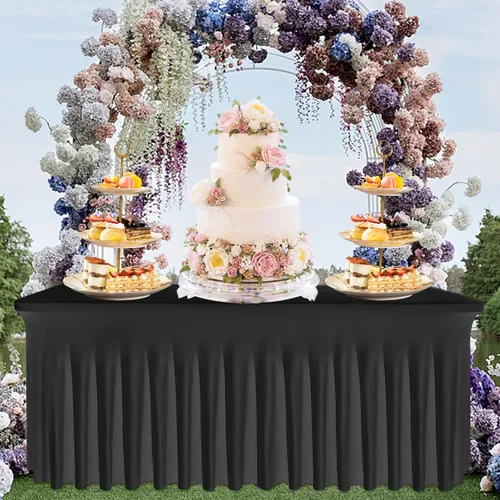 Vista 5 de Falda de mesa negra, de elastano, sin arrugas, 6 pies, mantel elástico ajustable lavable para mesas rectangulares para bodas, banquetes, fiestas