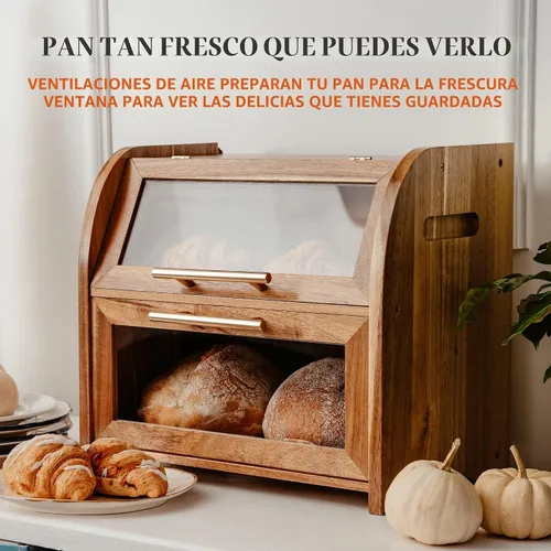 Vista 2 de Arise - Elegante caja de pan de acacia para encimera de cocina, contenedor de almacenamiento de pan de madera extra grande de 2 estantes