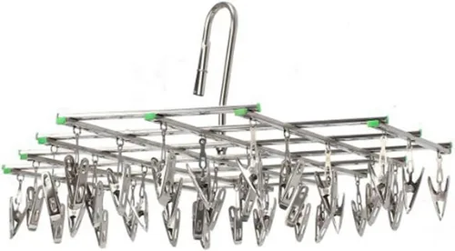 Vista 3 de Percha de secado de ropa de acero inoxidable, gancho plegable portátil multifunción, 35 clips para calcetines, pañales de tela, toalla, ropa