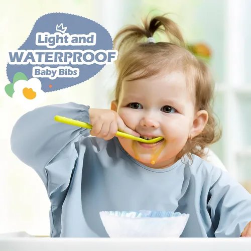 Vista 4 de JaGely Paquete de 4 baberos de manga larga para bebé, impermeables, con puños elásticos, bolsillo grande para bebés que comen y alimentan de 6 a 36