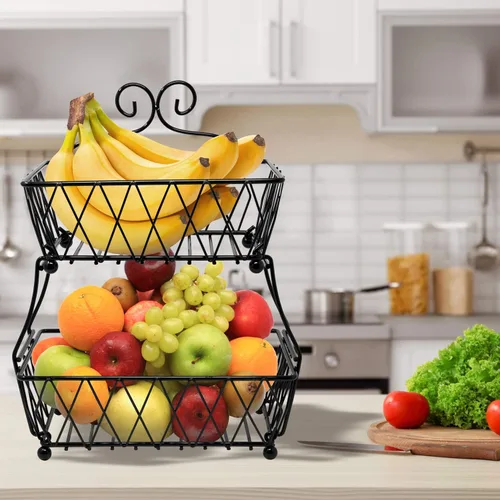 Vista 3 de Sorbus Soporte de exhibición de cesta de frutas, 2 niveles, para almacenamiento de verduras, frutas y pan para cocina, baño, rectangular de metal