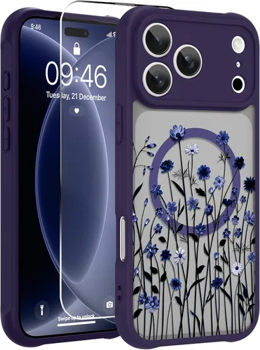 Vista 50 de OOK Funda magnética para iPhone 13 Pro Max [compatible con MagSafe] Funda delgada translúcida mate con flor silvestre negra, protección para lente