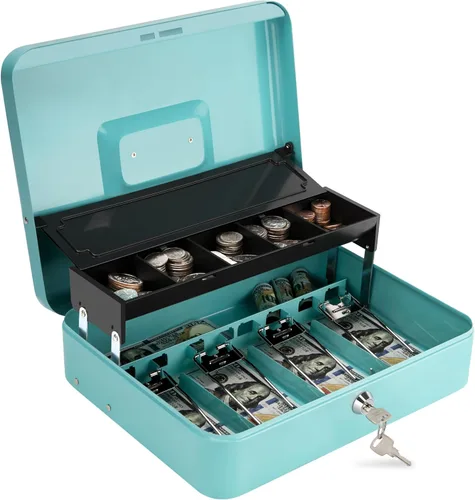 Vista 15 de Caja de efectivo con bandeja de dinero y cerradura, caja de dinero segura para efectivo, caja de bloqueo de metal con combinación, organizador