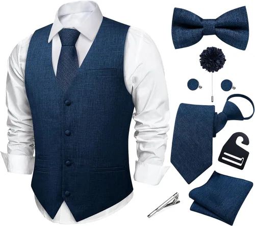 Vista 19 de DiBanGu Conjunto de corbata con cremallera y chaleco de lino para hombre Negro