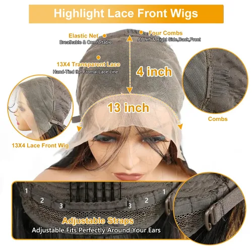 Vista 2 de Peluca de cabello humano ondulado con encaje frontal de 13 x 4, FB30, peluca de cabello humano con reflejos FB30, 200% de densidad, peluca balayage