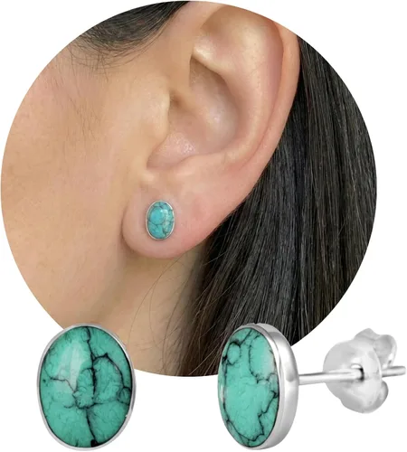 Vista 10 de Sterling Silver Turquoise & Black Onyx Stone Small Stud Earrings, Handmade Minimalist Style Lightweight Comfortable Fit Everyday Wear