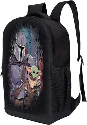 Vista 2 de STAR WARS Mochila mandaloriana negra - Bolsa acolchada de malla de aire de 18 pulgadas de Star Wars Mando Niño y Barco 18 x 12 x 6 Portátil