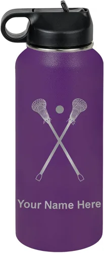 Vista 46 de LaserGram Botella de agua personalizada, palitos de lacrosse, acero inoxidable de doble pared aislada al vacío con popote superior, regalo grabado