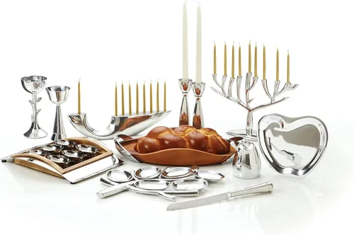 Vista 5 de nambe Candelabros de sábado del árbol de la vida, portavelas de metal de 8 pulgadas, portavelas decorativos modernos para mesa o mantel de Shabat