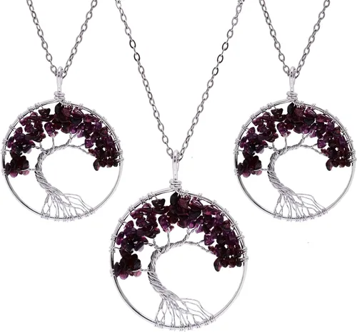 Vista 4 de sedmart Collar con colgante de árbol de la vida con cristal de amatista y rosa