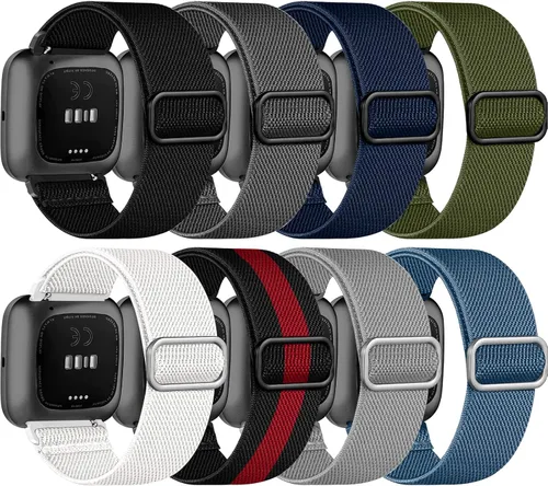 Vista 15 de Paquete de 8 bandas elásticas compatibles con Fitbit Versa 2/Lite/SE para mujeres y hombres, correa trenzada de nailon elástico ajustable Solo Loop