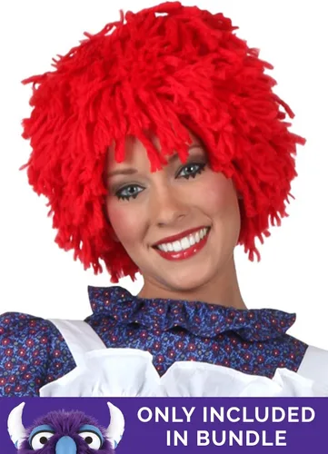 Vista 3 de Conjunto de disfraz de muñeca de trapo para mujer con peluca, vestido de muñeca de trapo para adultos, Azul, blanco, rojo.