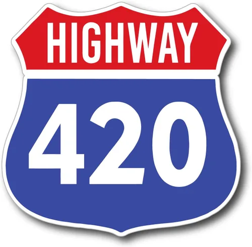 Vista 3 de Calcomanía de hierbas, cannabis y marihuana con leyenda "Highway 420 ". 4 pulgadas x 5 pulgadas.