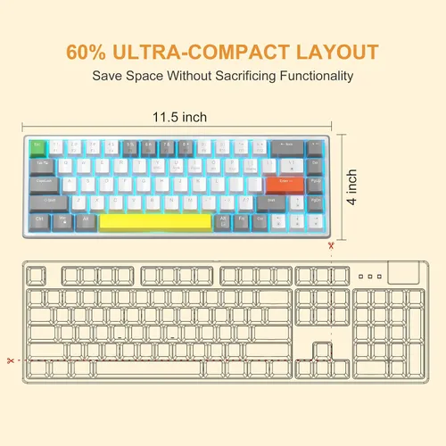 Vista 6 de MageGee SKY68 - Teclado mecánico para juegos, 68 teclas intercambiables en caliente, compacto con retroiluminación LED azul, teclado ergonómico