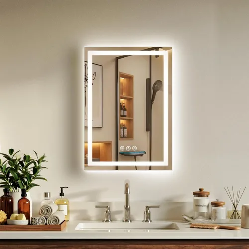 Vista 26 de Espejo de baño LED de 16 x 24 pulgadas con luces, antiniebla, retroiluminado + luz frontal, espejo de tocador de baño iluminado para pared, función