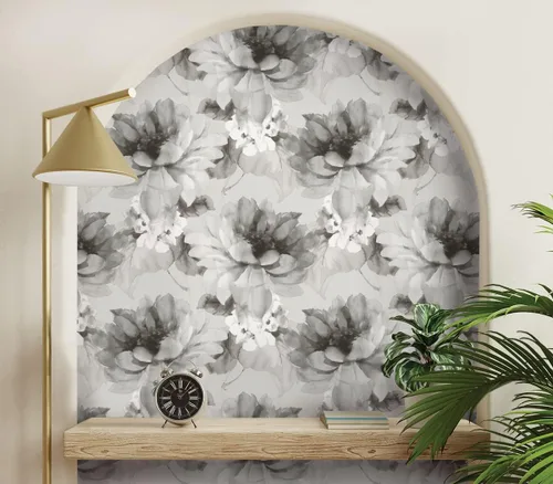 Vista 5 de NextWall Harry & Grace - Papel tapiz floral para despegar y pegar (ceniza y plata metálica)