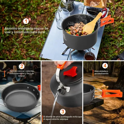 Vista 6 de THTYBROS Kit de utensilios de cocina para acampar de 17 piezas, olla de 0.45 galones, sartén de 7 pulgadas, juego de hervidor de 0.30 galones con 2