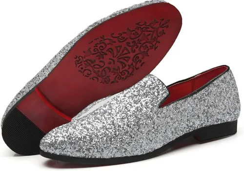 Vista 7 de Haza Pairs Pantuflas brillantes para hombre, con lentejuelas metálicas, con textura, esmoquin con purpurina, mocasines de graduación, zapatos