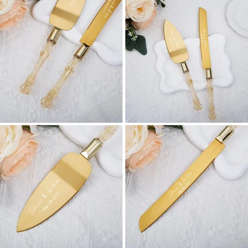 Vista 6 de Juego de cuchillo personalizado para tartas y servidor, cuchillo y servidor para tartas doradas, cubiertos de boda personalizados para una ceremonia