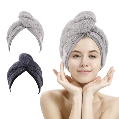 Vista 8 de M-bestl Paquete de 2 toallas de microfibra para el cabello, toalla de secado de cabello con diseño de botón, toalla para la cabeza para secar