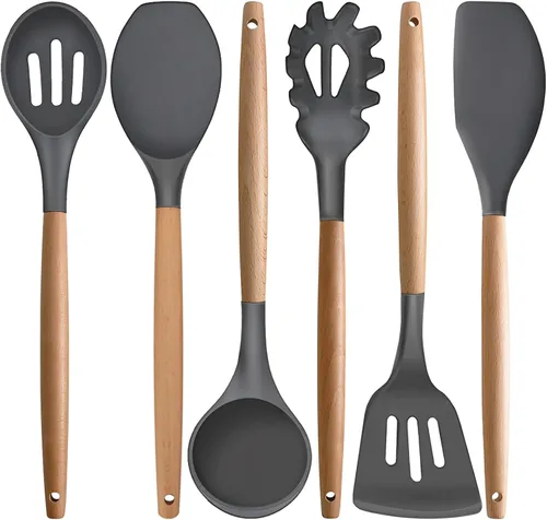 Vista 20 de Juego de 4 utensilios de cocina de silicona, juego de utensilios de cocina grandes antiadherentes con mango de madera, grado alimenticio, resistente