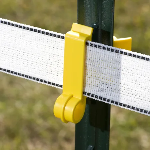 Vista 2 de Zareba Aislador de cinta de polietileno T-Post para vallas eléctricas, paquete de 25 unidades, aisladores amarillos, aisladores eléctricos fáciles