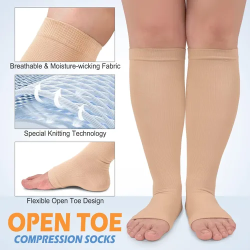 Vista 4 de Paquete de 3 calcetines de compresión de cobre para mujeres y hombres, 20-30 mmHg con punta abierta hasta la rodilla, medias altas para soporte